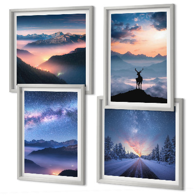 Wall art set Night sky mountains fog deer