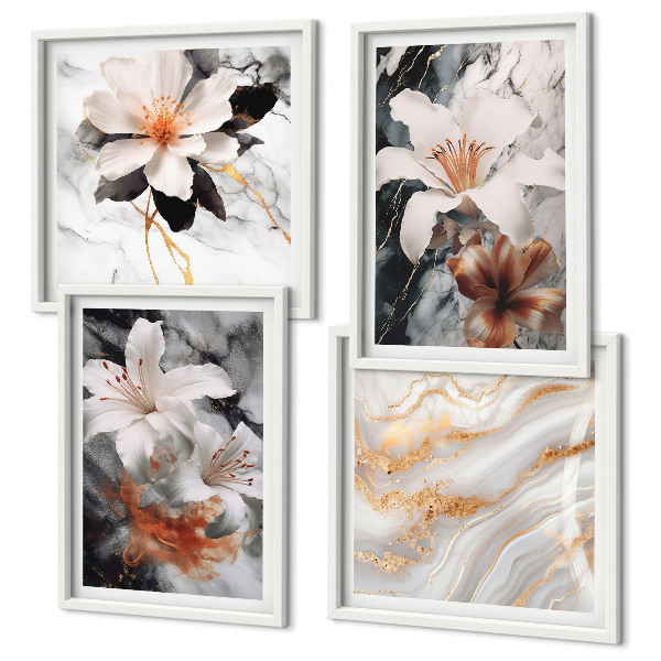 Set of 4 wall art pieces Flowers marble white black