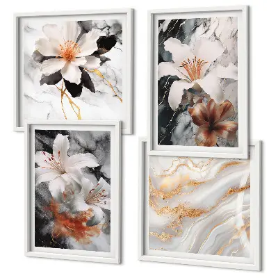 Set of 4 wall art pieces flowers in marble white and black