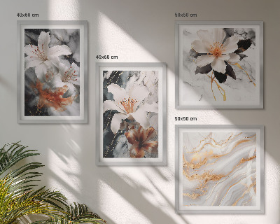 Set of 4 wall art pieces Flowers marble white black