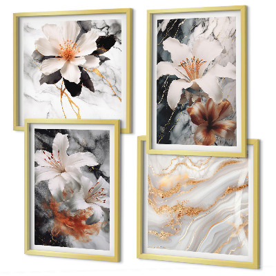 Set of 4 wall art pieces Flowers marble white black
