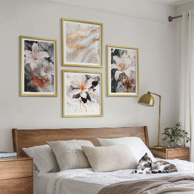 Set of 4 wall art pieces Flowers marble white black