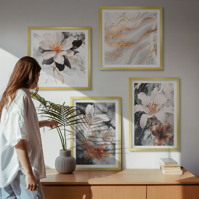 Set of 4 wall art pieces Flowers marble white black