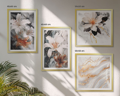 Set of 4 wall art pieces Flowers marble white black