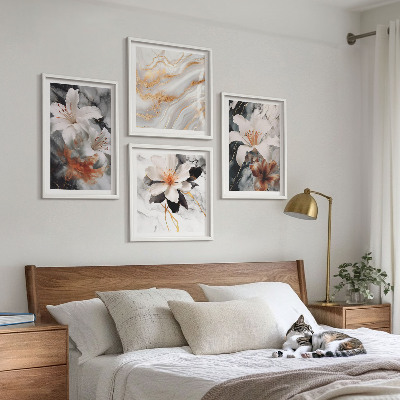 Set of 4 wall art pieces Flowers marble white black