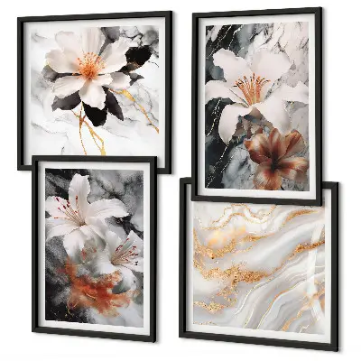 Set of 4 wall art pieces flowers in marble white and black