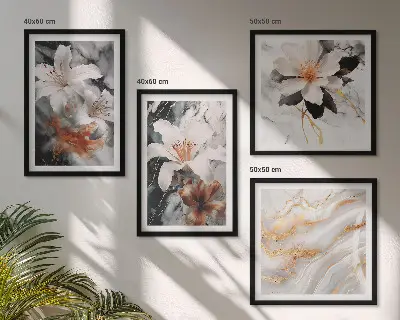 Set of 4 wall art pieces flowers in marble white and black