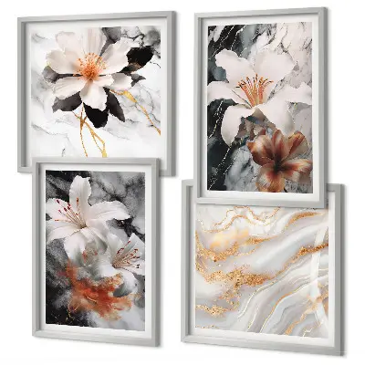 Set of 4 wall art pieces flowers in marble white and black