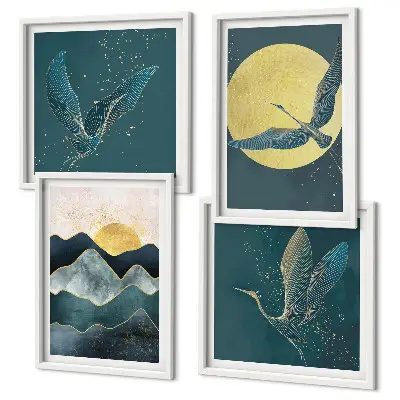 Birds cranes moon and mountains wall art set of 4 pieces