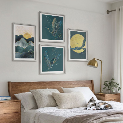 Set of 4 wall art pieces Birds cranes moon mountains
