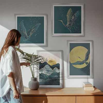 Set of 4 wall art pieces Birds cranes moon mountains