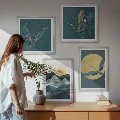 Birds cranes moon and mountains wall art set of 4 pieces