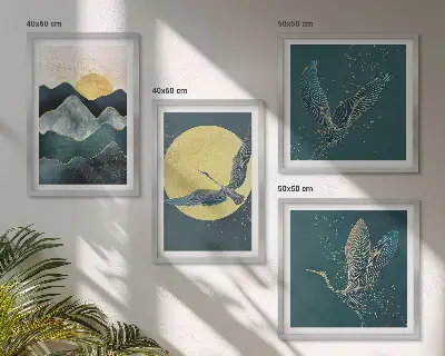 Birds cranes moon and mountains wall art set of 4 pieces