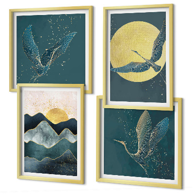 Set of 4 wall art pieces Birds cranes moon mountains