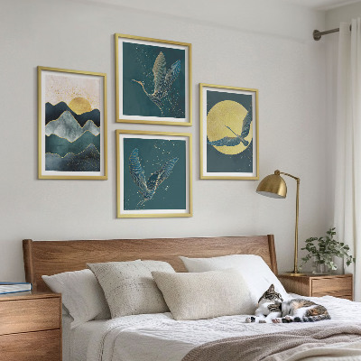 Set of 4 wall art pieces Birds cranes moon mountains