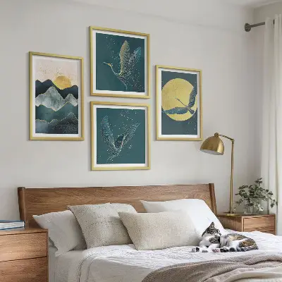Birds cranes moon and mountains wall art set of 4 pieces