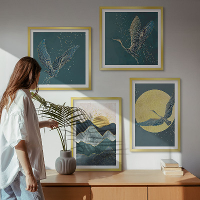 Set of 4 wall art pieces Birds cranes moon mountains