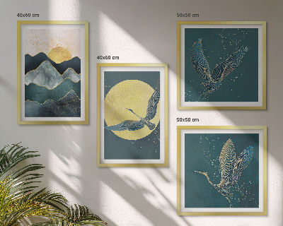 Set of 4 wall art pieces Birds cranes moon mountains