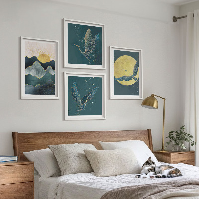 Set of 4 wall art pieces Birds cranes moon mountains