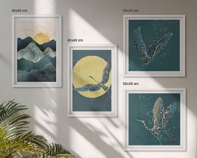 Set of 4 wall art pieces Birds cranes moon mountains