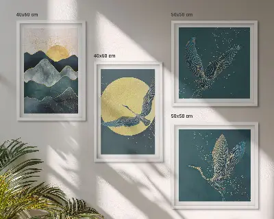Birds cranes moon and mountains wall art set of 4 pieces