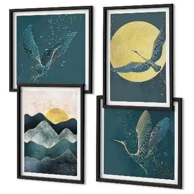 Birds cranes moon and mountains wall art set of 4 pieces