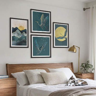 Set of 4 wall art pieces Birds cranes moon mountains