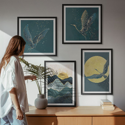 Set of 4 wall art pieces Birds cranes moon mountains