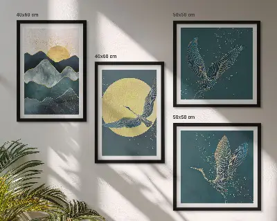 Birds cranes moon and mountains wall art set of 4 pieces