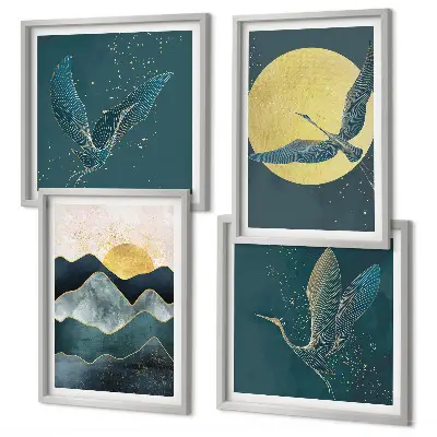 Birds cranes moon and mountains wall art set of 4 pieces