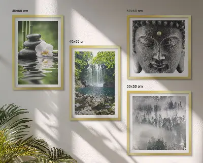 Wall art set featuring nature stones water and Buddha