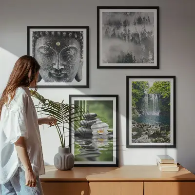 Wall art set featuring nature stones water and Buddha