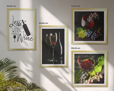 Set of 4 wall art pieces featuring glasses of wine with grapes and inscription