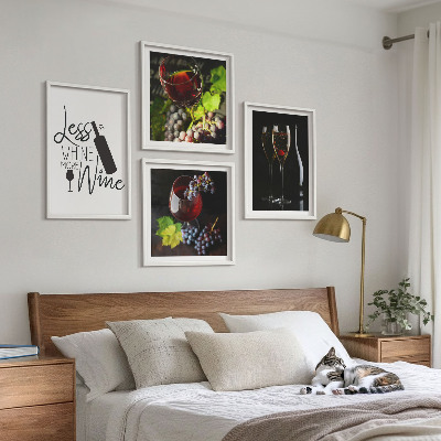 Set of 4 wall art pieces Glasses of wine with grapes and inscription