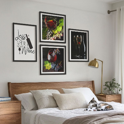 Set of 4 wall art pieces Glasses of wine with grapes and inscription
