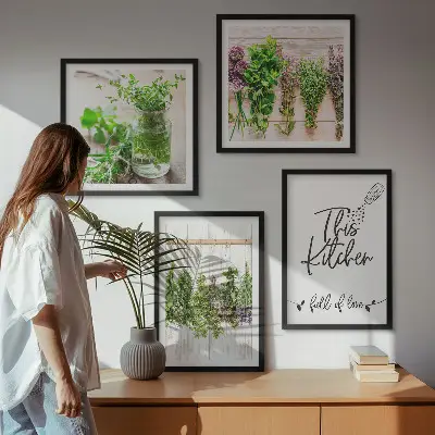 Multi-piece kitchen herb wall art set drying botanical plant prints