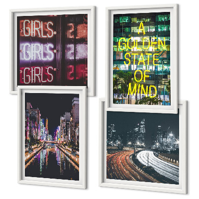 Set of 4 wall art pieces Neon signs in the city at night