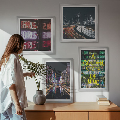 Set of 4 wall art pieces Neon signs in the city at night
