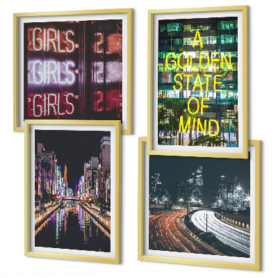 Set of 4 wall art pieces Neon signs in the city at night