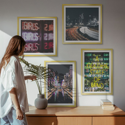 Set of 4 wall art pieces Neon signs in the city at night