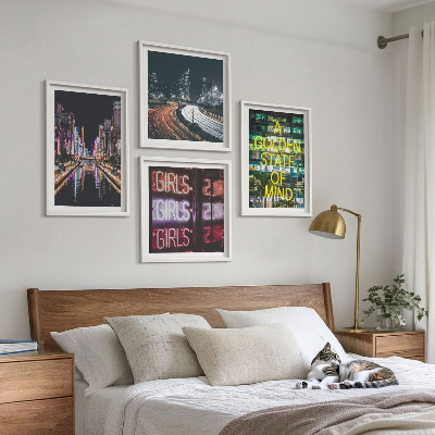 Set of 4 wall art pieces Neon signs in the city at night