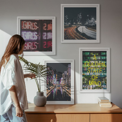 Set of 4 wall art pieces Neon signs in the city at night
