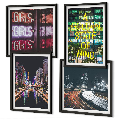 Set of 4 wall art pieces Neon signs in the city at night
