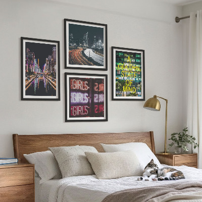 Set of 4 wall art pieces Neon signs in the city at night