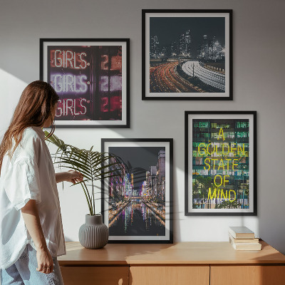 Set of 4 wall art pieces Neon signs in the city at night