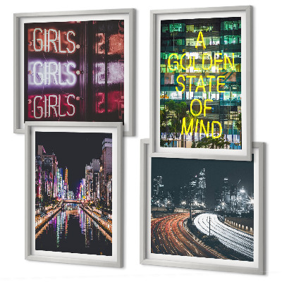 Set of 4 wall art pieces Neon signs in the city at night