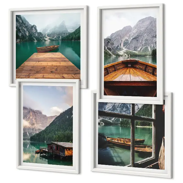 Multi-piece wall decor set featuring mountain landscapes, cottages, and boats