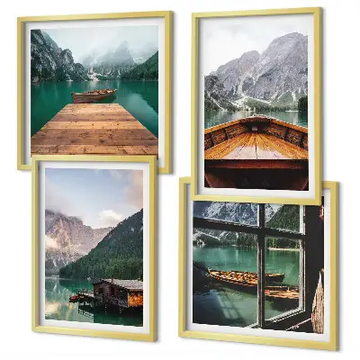 Multi-piece wall decor set featuring mountain landscapes, cottages, and boats