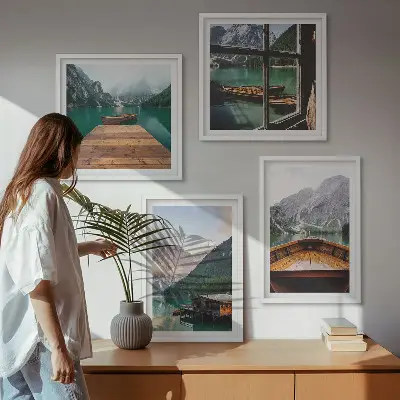 Multi-piece wall decor set featuring mountain landscapes, cottages, and boats