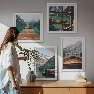 Multi-piece wall decor set Mountain landscapes cottage boats